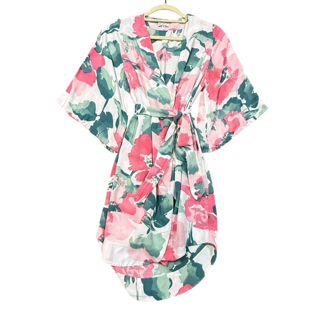 Piyama Kimono Robe XS Pink Green Floral WITH BELT Coquettecore Preppy Comfy Boho